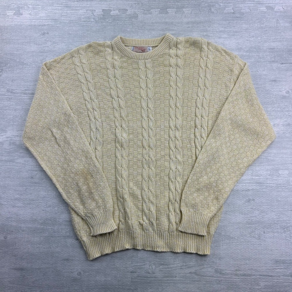 Vintage 80s The Fox Collection Sweater Size Large Yellow Cable Knit Pull Over